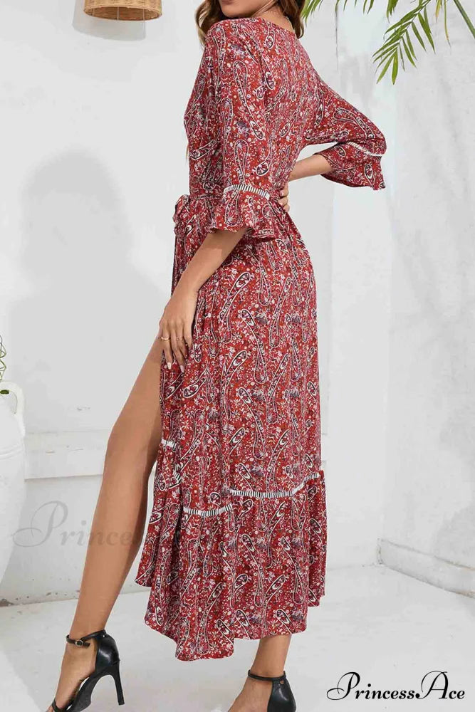 Floral V Neck Midi Dress With Slit Dresses