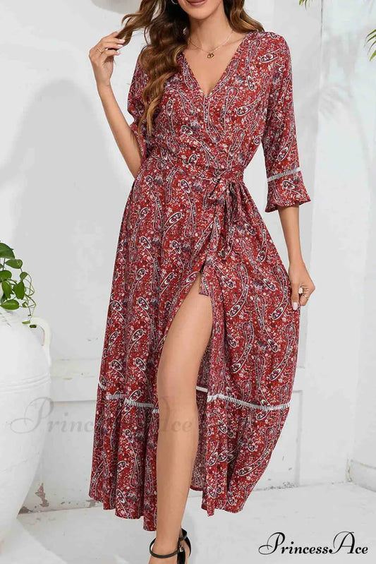 Floral V Neck Midi Dress With Slit Red / S Dresses