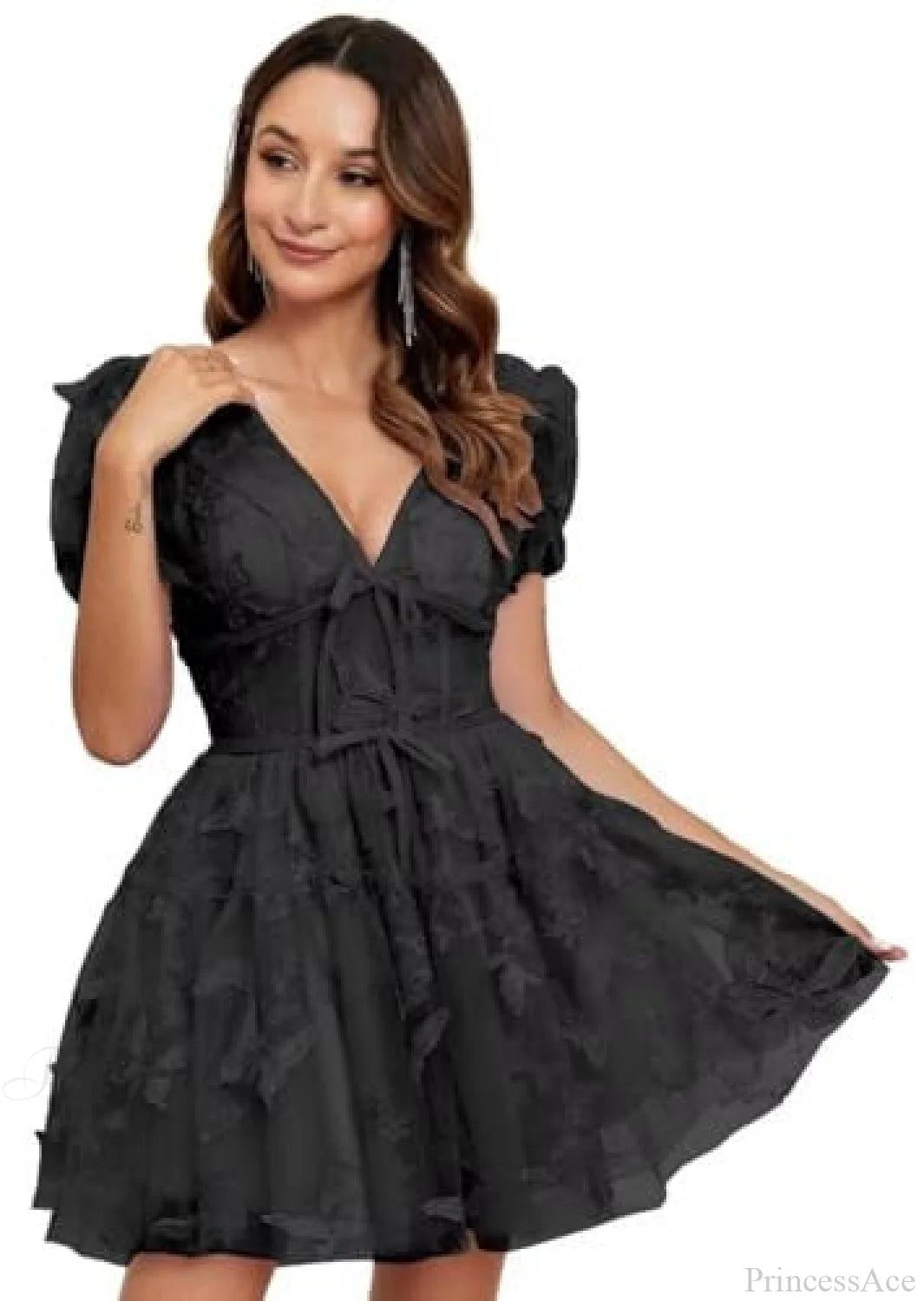 Floral V-Neck Short Wedding Dress Black / US 2 weddingdress-250223