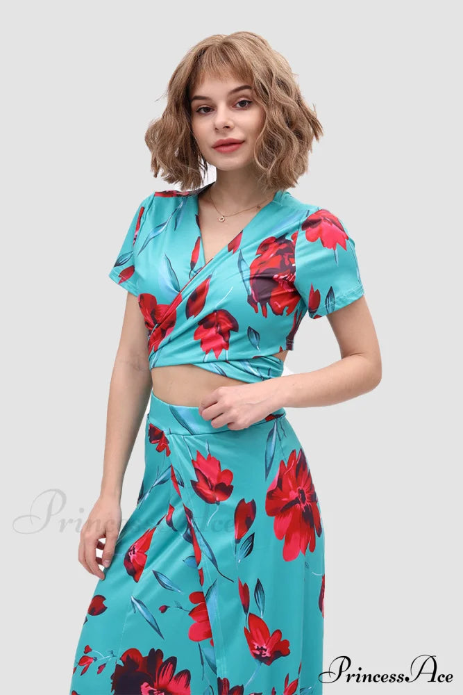 Floral V-Neck Two-Piece Dress With Side Slit Green Red Flower / L Skirt Sets