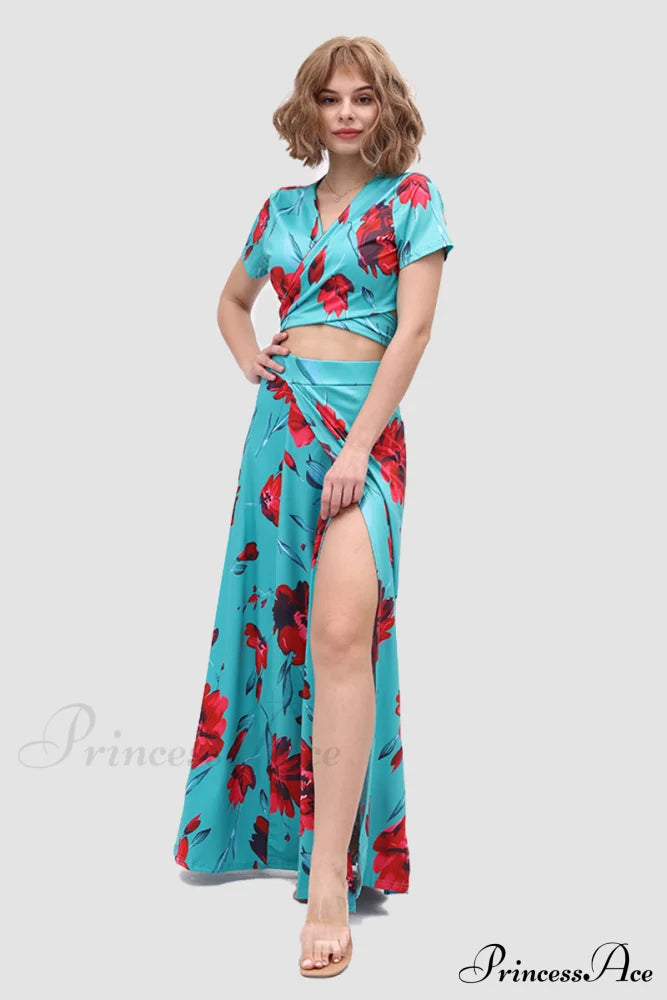 Floral V-Neck Two-Piece Dress With Side Slit Green Red Flower / M Skirt Sets