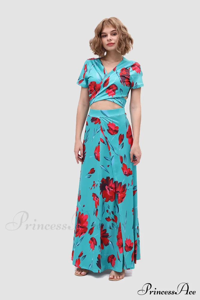 Floral V-Neck Two-Piece Dress With Side Slit Green Red Flower / S Skirt Sets