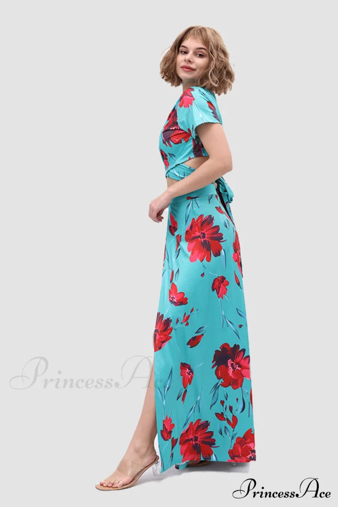 Floral V-Neck Two-Piece Dress With Side Slit Green Red Flower / Xl Skirt Sets