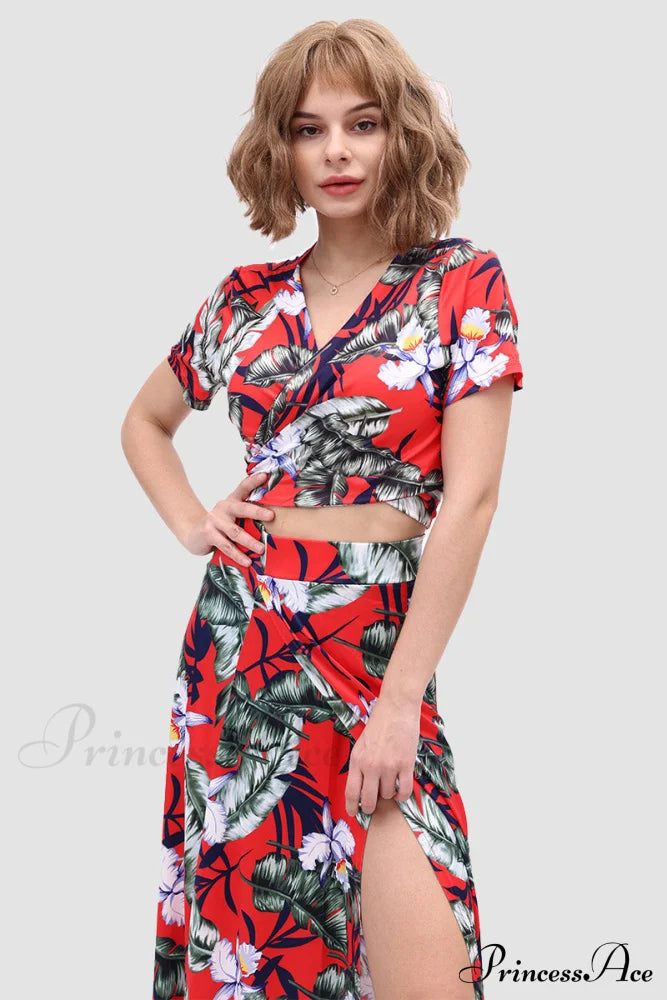 Floral V-Neck Two-Piece Dress With Side Slit Red Leaf Print / L Skirt Sets