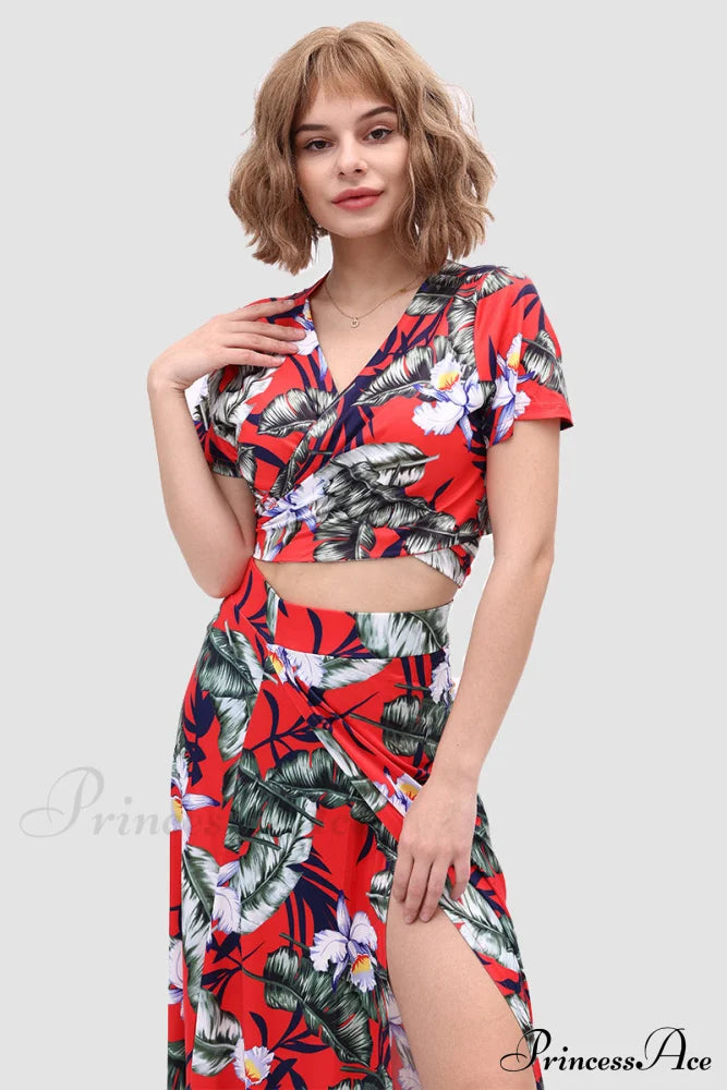 Floral V-Neck Two-Piece Dress With Side Slit Red Leaf Print / M Skirt Sets