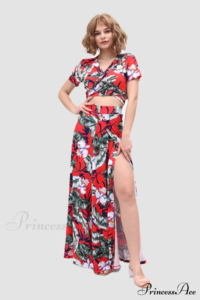 Floral V-Neck Two-Piece Dress With Side Slit Red Leaf Print / S Skirt Sets