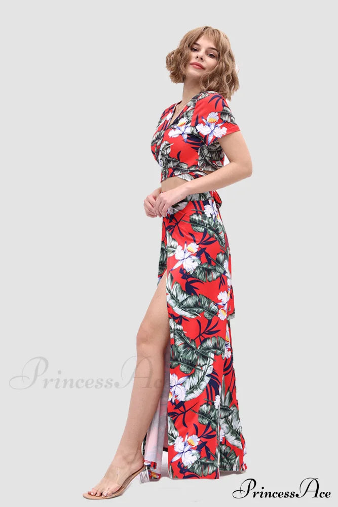 Floral V-Neck Two-Piece Dress With Side Slit Red Leaf Print / Xl Skirt Sets