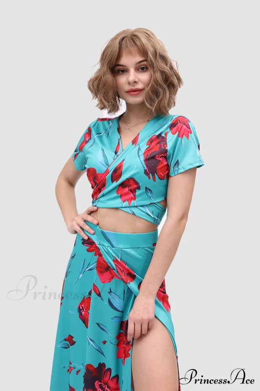 Floral V-Neck Two-Piece Dress With Side Slit Skirt Sets