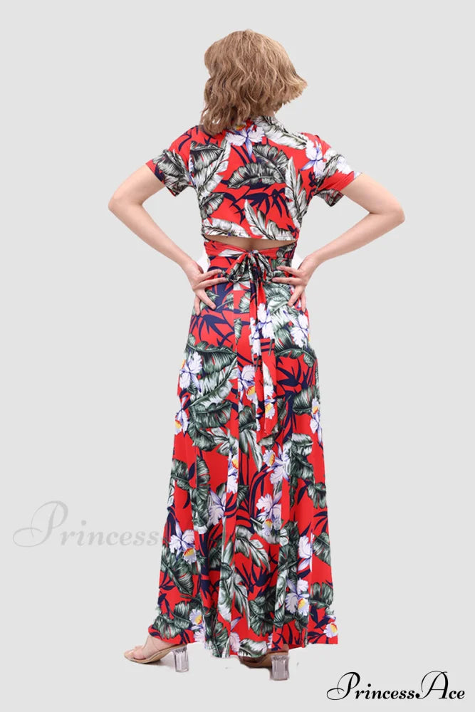 Floral V-Neck Two-Piece Dress With Side Slit Skirt Sets