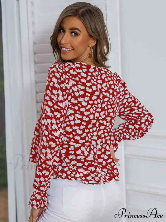 Flounce V-Neck Arm With Blouse Print