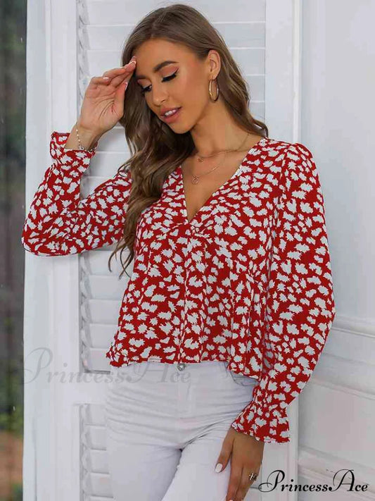 Printed V-Neck Flounce Sleeve Blouse Deep Red clothes HS long sleeve long sleeve shirts long sleeve top Ship From Overseas shirt shirts