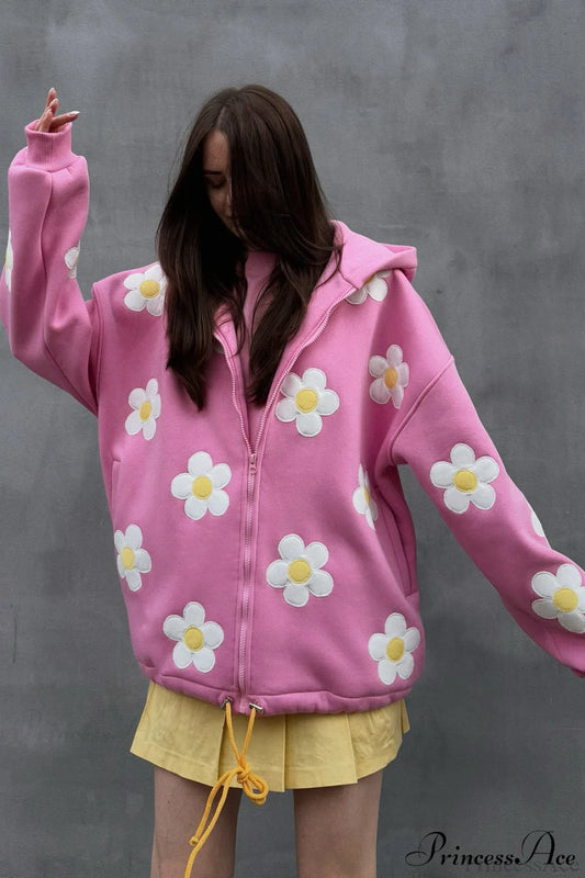 Flower Applique Loose Zip Hoodie Pink / S