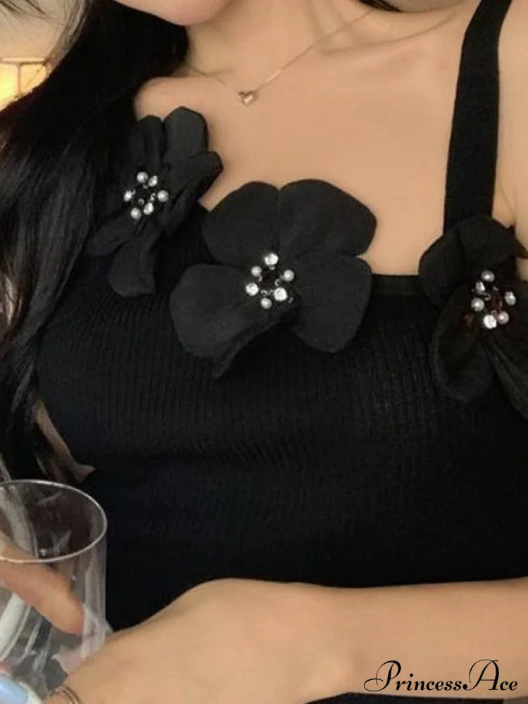 Flower Embellish Cutout Trendy Crop Cami Top Black / One Size Tank Tops&Camis