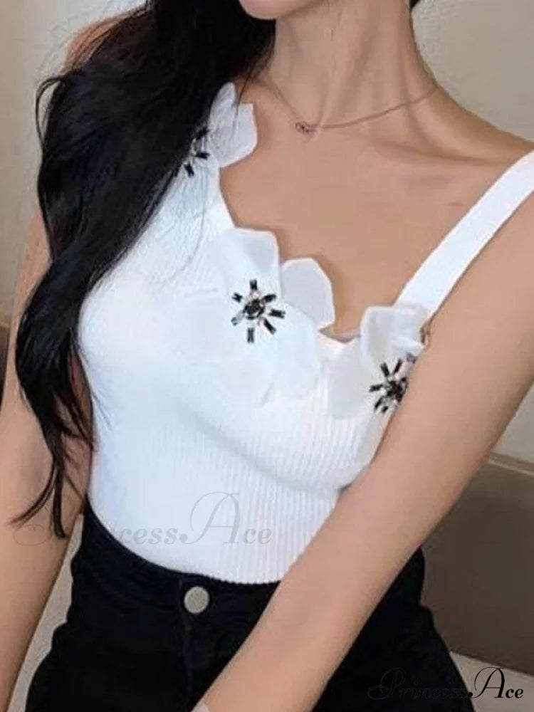 Flower Embellish Cutout Trendy Crop Cami Top Tank Tops&Camis