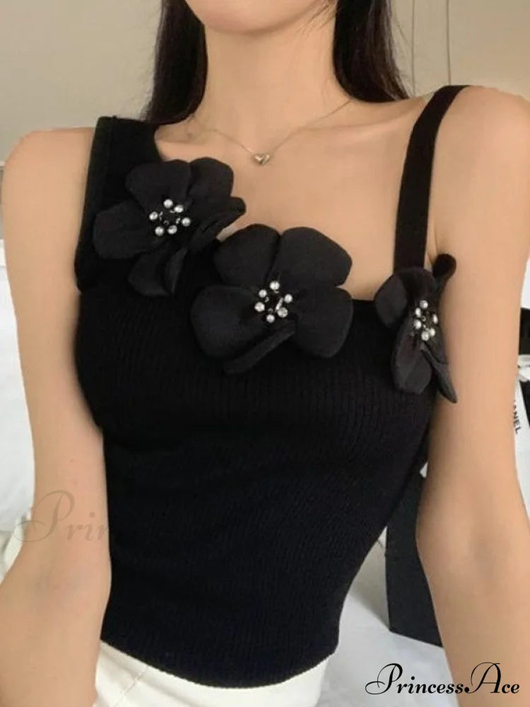 Flower Embellish Cutout Trendy Crop Cami Top Tank Tops&Camis