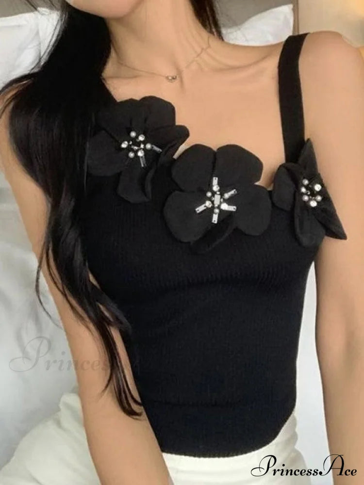 Flower Embellish Cutout Trendy Crop Cami Top Tank Tops&Camis