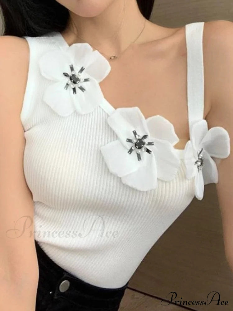 Flower Embellish Cutout Trendy Crop Cami Top White / One Size Tank Tops&Camis