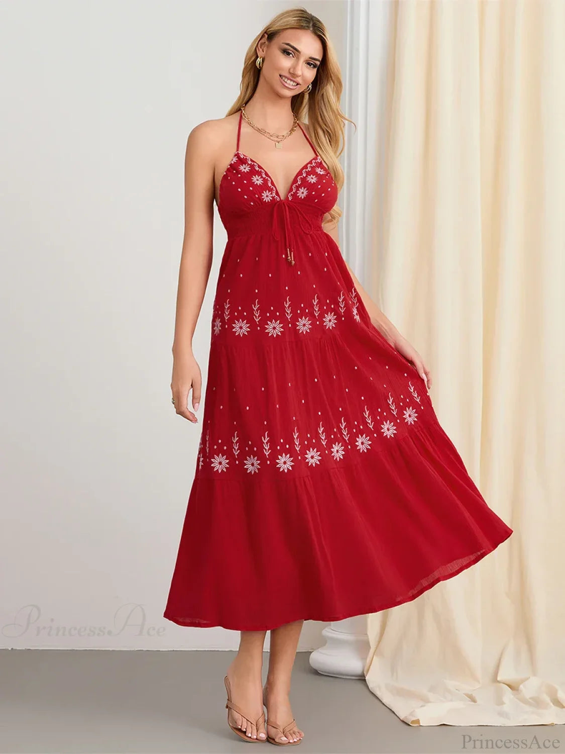 Flower Embroidery Tie-Up Halter Boho Backless A-Line Beach Dress floraldress-250126