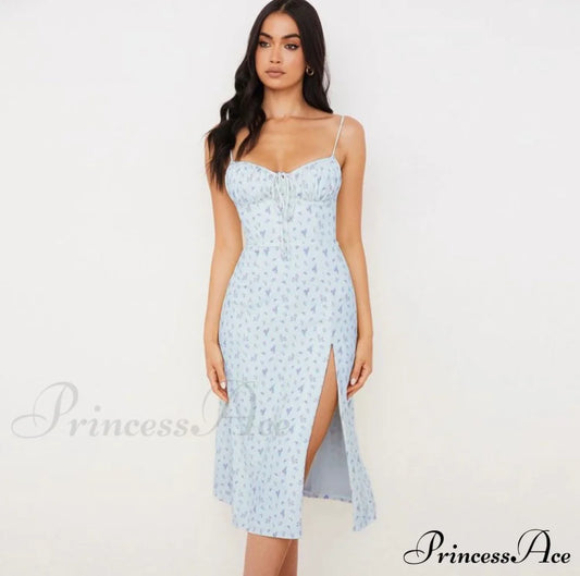Flower Fields Slip Charming Floral Split Midi Dress Blue / S