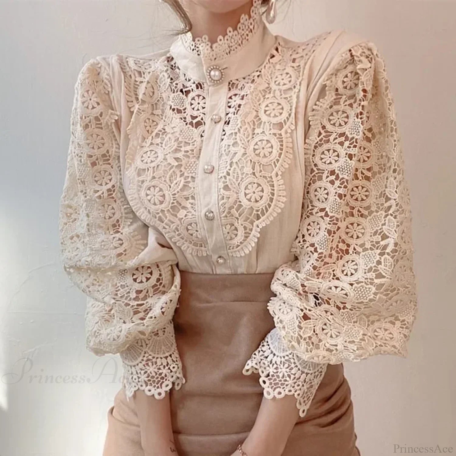 Flower Lace Patchwork Petal Sleeve Blouse Apricot / S blouse-250223