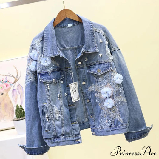 Flower Pearl Ripped Denim Jacket