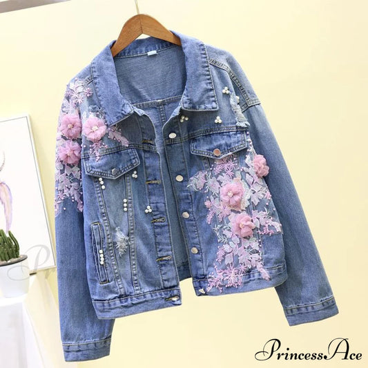 Flower Pearl Ripped Denim Jacket