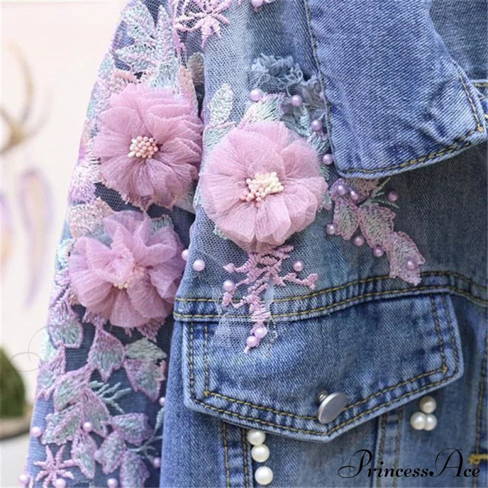 Flower Pearl Ripped Denim Jacket