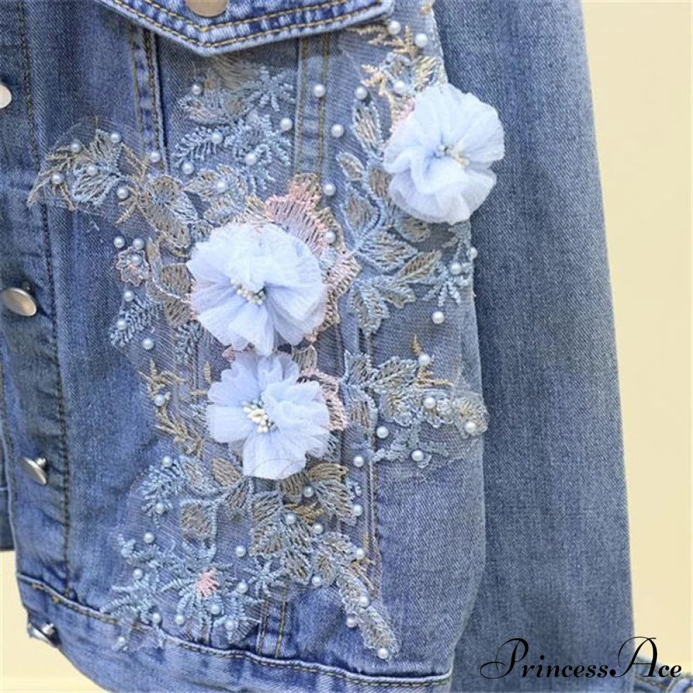 Flower Pearl Ripped Denim Jacket