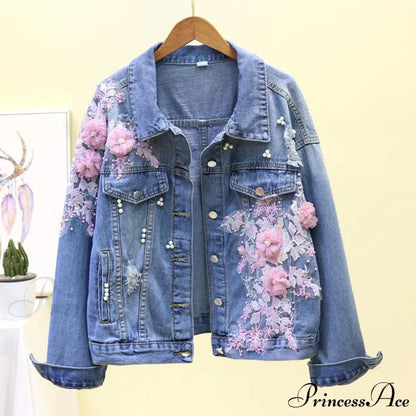 Flower Pearl Ripped Denim Jacket