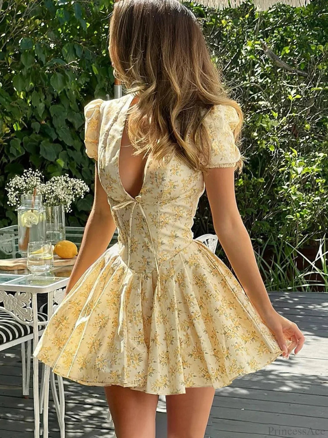 Flower Print Deep V-Neck Mini Dress minidress-250223