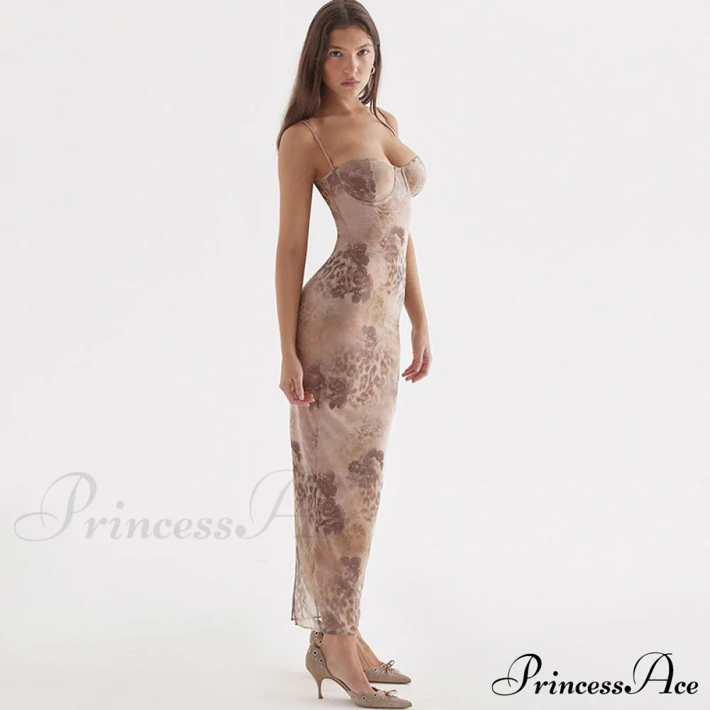 Flower Print Lace Trim Spaghetti Classic Strap Bodycon Midi Dress - Pink M / Brown Floral Dresses