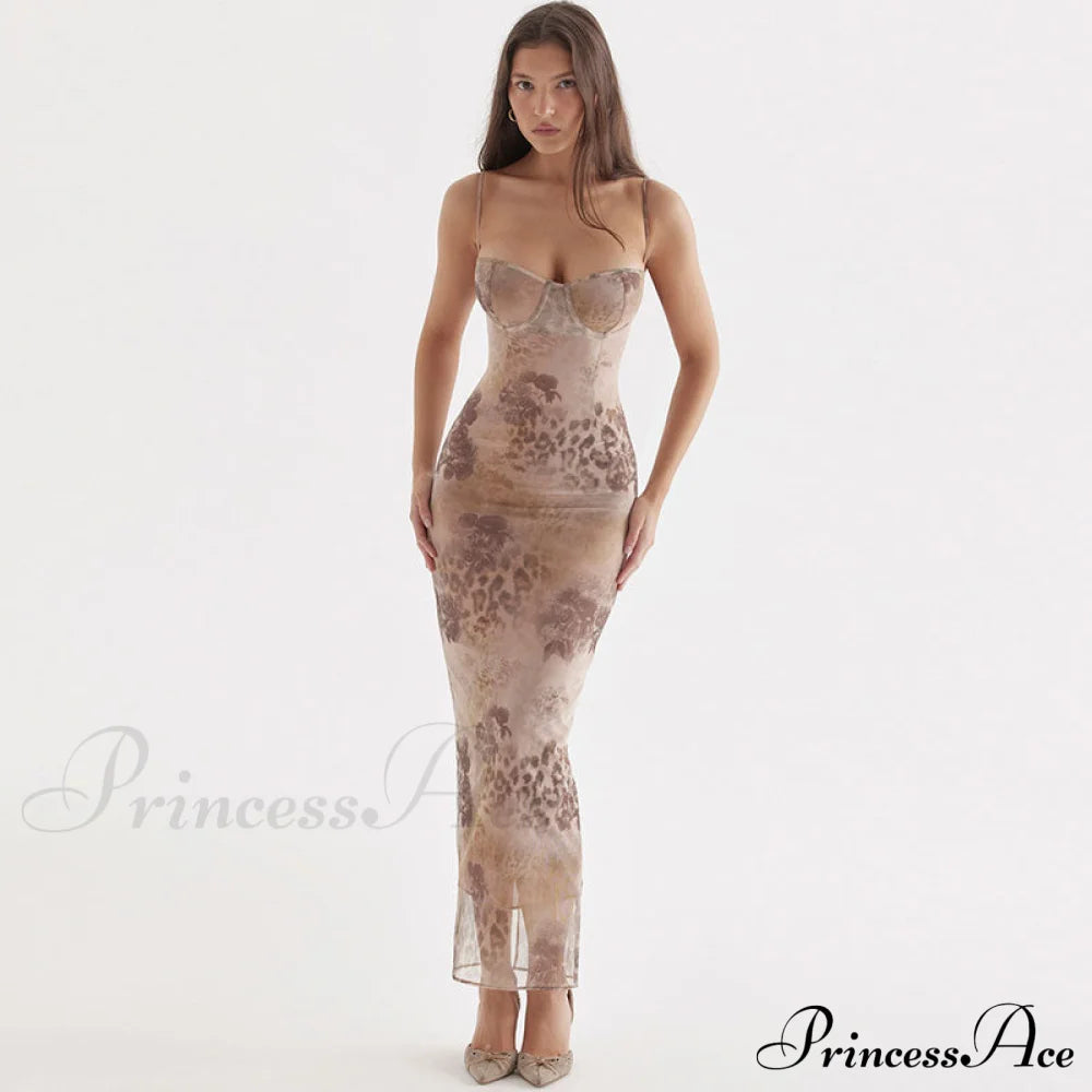 Flower Print Lace Trim Spaghetti Classic Strap Bodycon Midi Dress - Pink S / Brown Floral Dresses