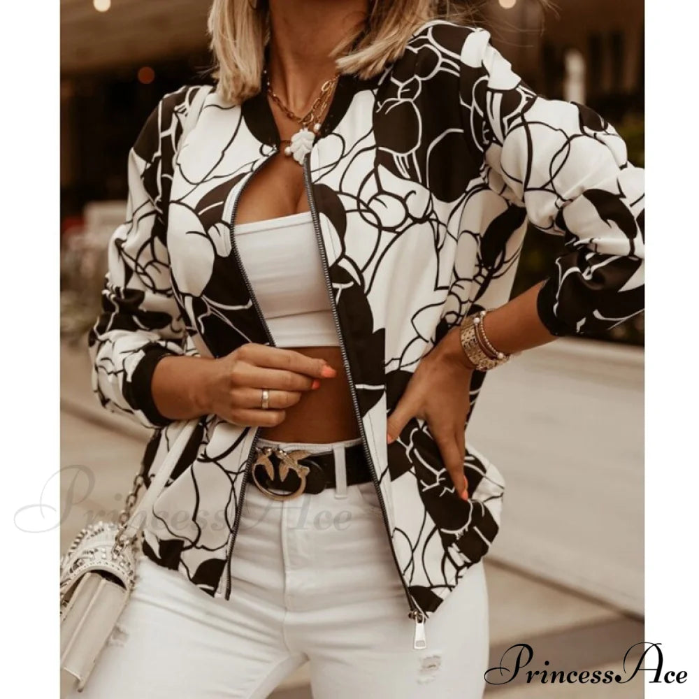 Flower Print Long Sleeve Zipper Jacket 1 / S