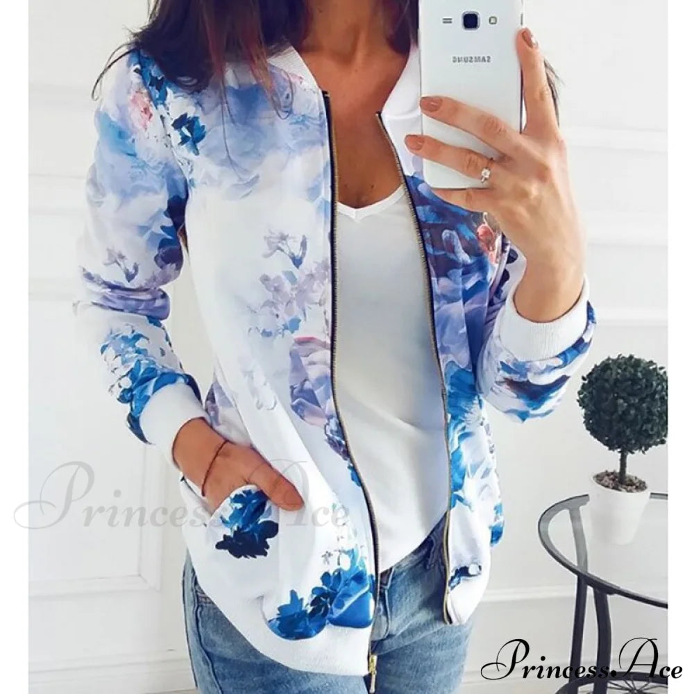 Flower Print Long Sleeve Zipper Jacket 10 / S