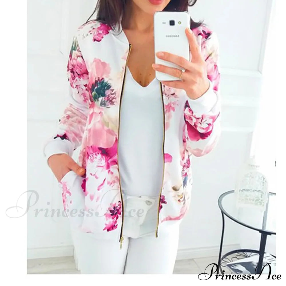 Flower Print Long Sleeve Zipper Jacket 11 / S