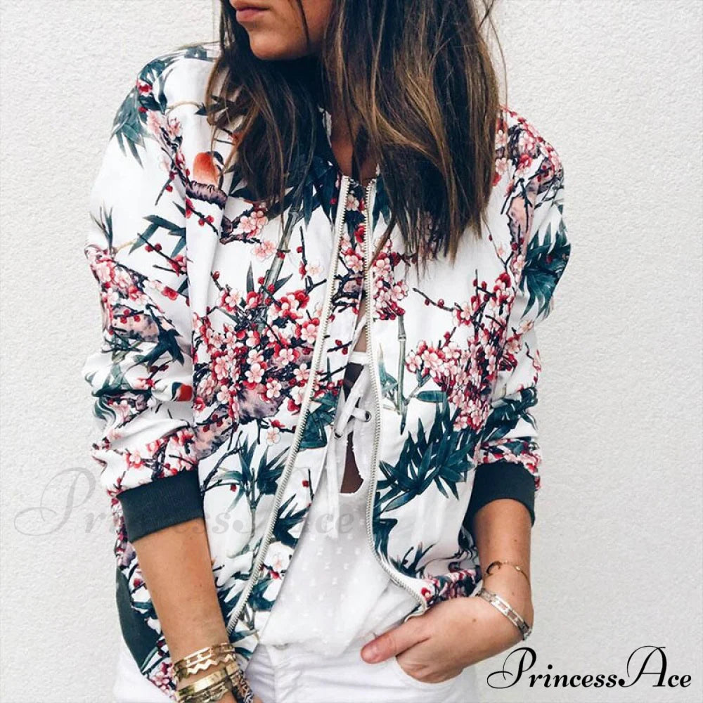 Flower Print Long Sleeve Zipper Jacket 2 / S