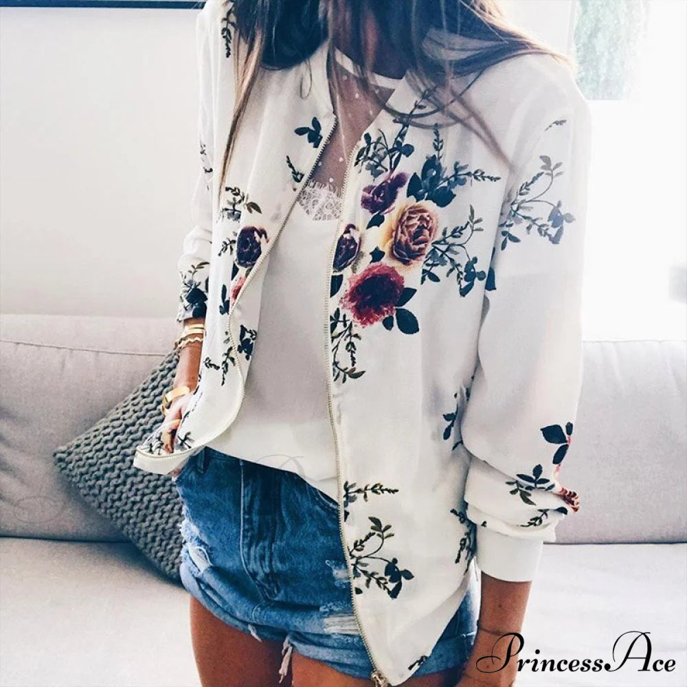 Flower Print Long Sleeve Zipper Jacket 5 / S