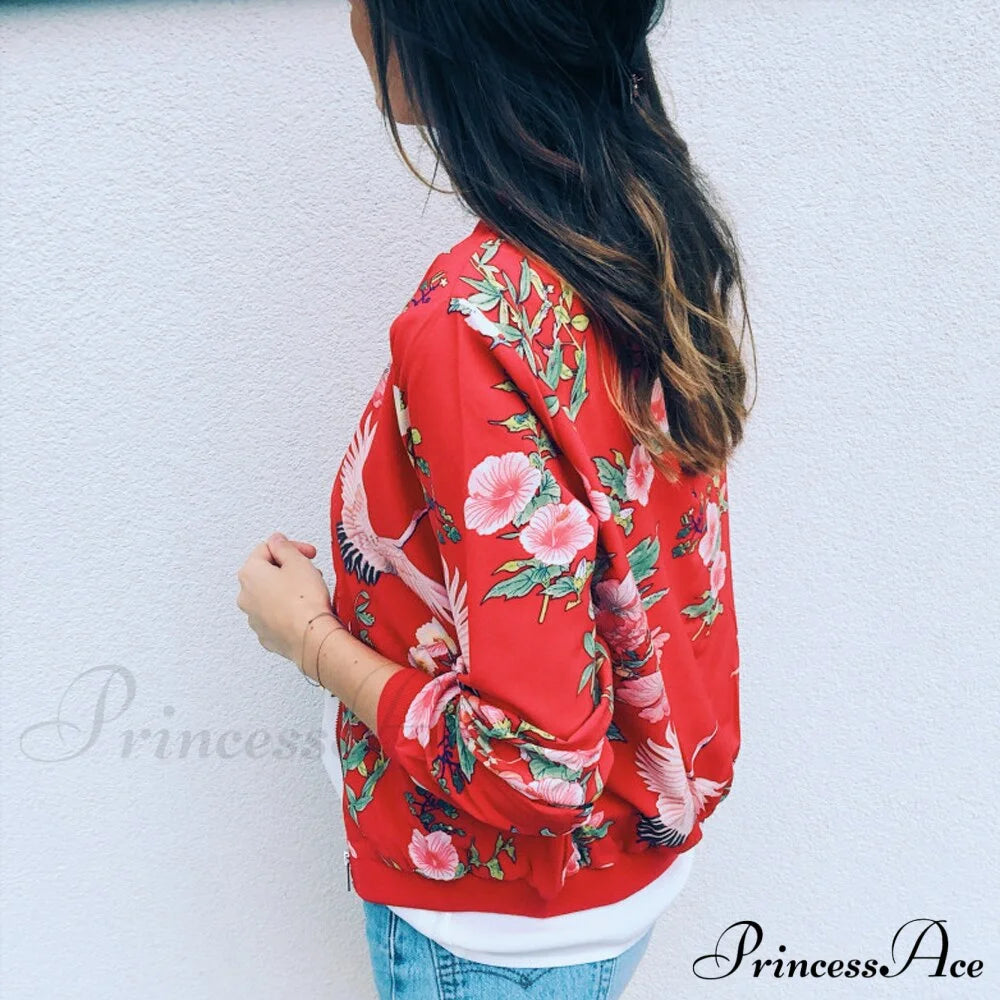 Flower Print Long Sleeve Zipper Jacket