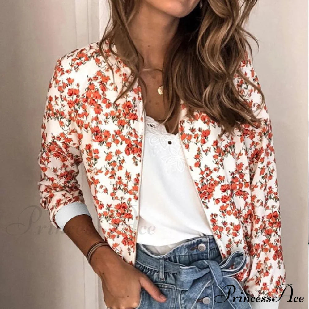 Flower Print Long Sleeve Zipper Jacket 6 / S