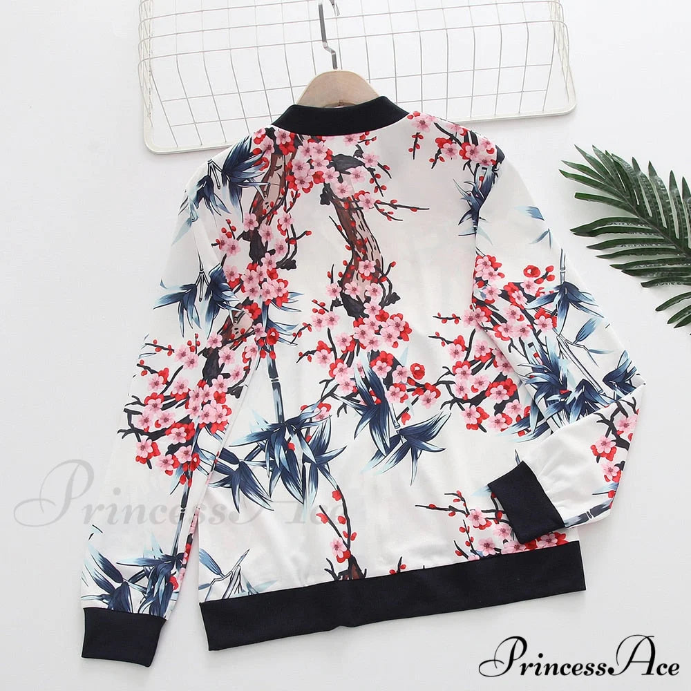 Flower Print Long Sleeve Zipper Jacket