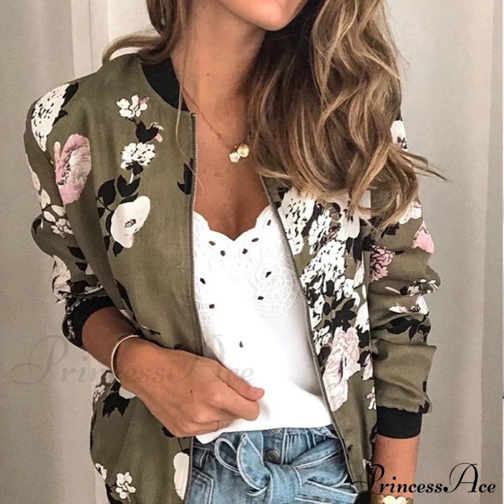 Flower Print Long Sleeve Zipper Jacket 7 / S