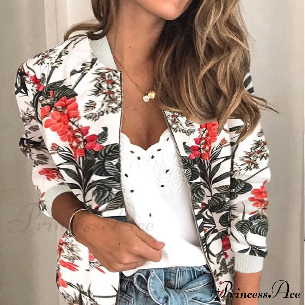 Flower Print Long Sleeve Zipper Jacket 8 / S