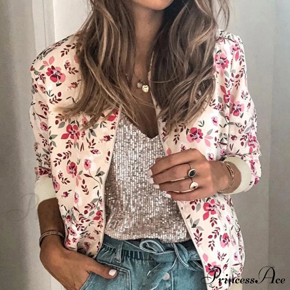 Flower Print Long Sleeve Zipper Jacket 9 / S