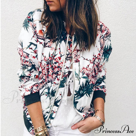 Flower Print Long Sleeve Zipper Jacket