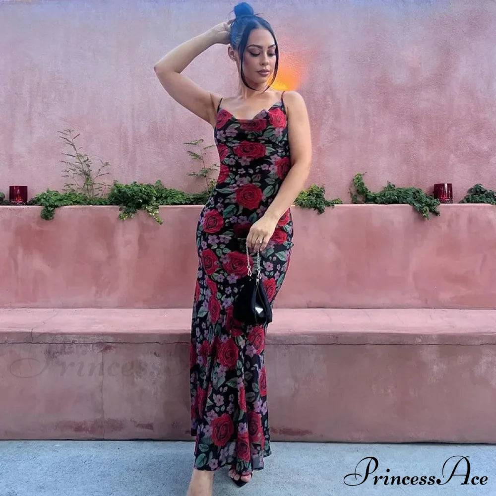 Flower Print Mesh Charming Slip Maxi Dress