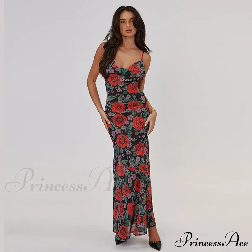 Flower Print Mesh Charming Slip Maxi Dress