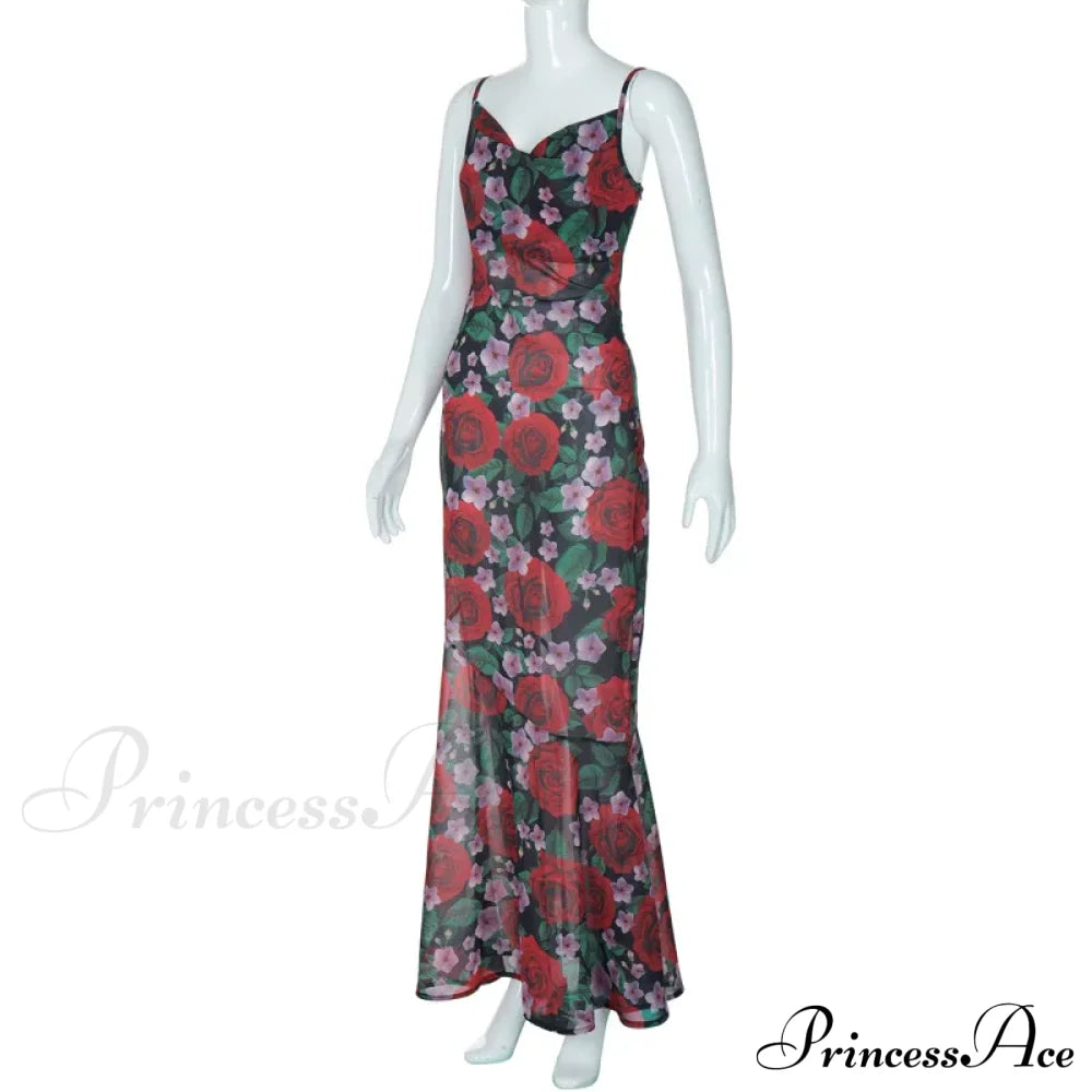 Flower Print Mesh Charming Slip Maxi Dress