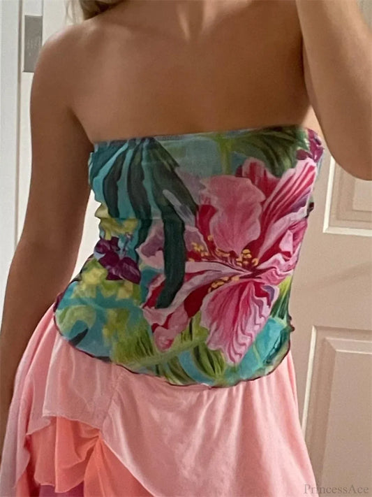 Flower Print Strapless Backless Tube Crop Top PINK / S croptop-250126