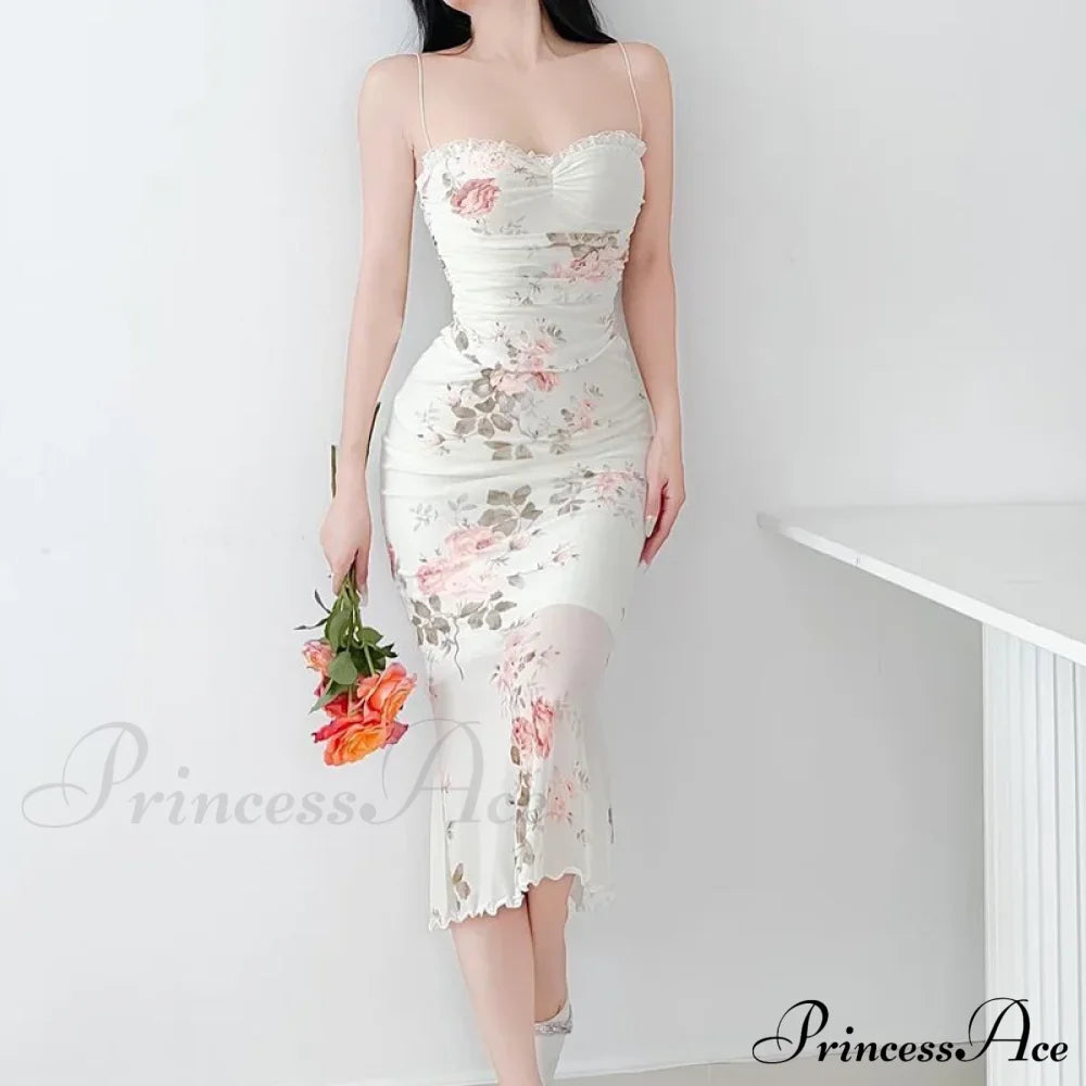 Flower Print Suspender Off Shoulder Backless Midi Chic Female Party Club Floral Dress