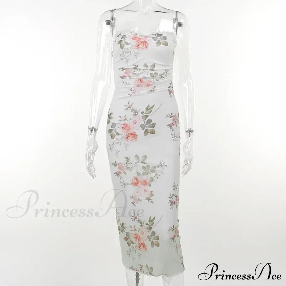 Flower Print Suspender Off Shoulder Backless Midi Chic Female Party Club Floral Dress